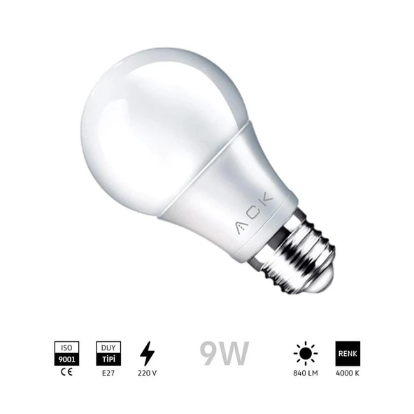 ACK E-27 9W LED AMPUL 4000K GÜNIŞIĞI