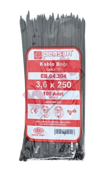PEMSAN Klips Kablo Bağı 3.6x250 SİYAH (100lü Paket) Kablo Cırdı