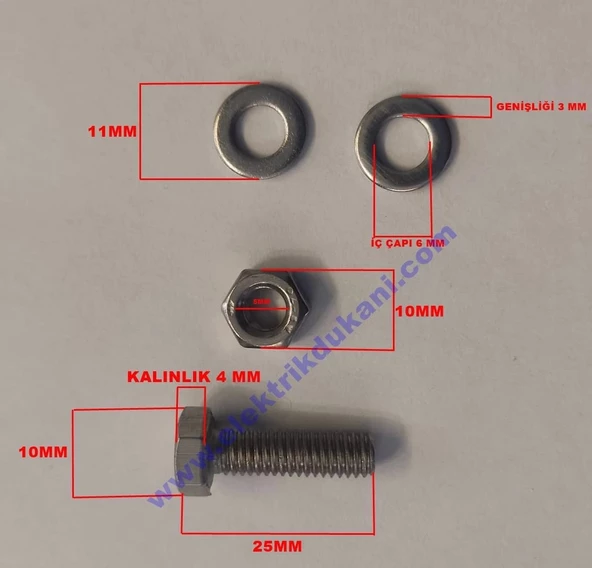 PASLANMAZ METRİK 6 KROM 25MM CİVATA+SOMUN+PUL - 2