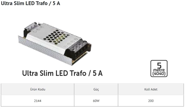 İNOLED SÜPER SLİM 12V 5A LED TRAFOSU 60W (5 MT)