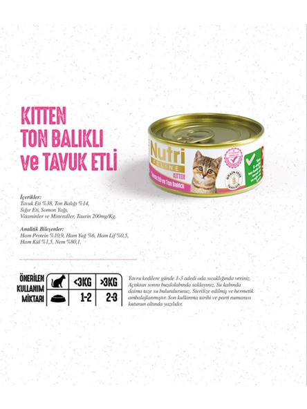 Nutri Feline 85Gr Yavru Tavuk Etli Ton Balıklı Tahılsız 32Adet Kitten Yaş Kedi Maması - 3
