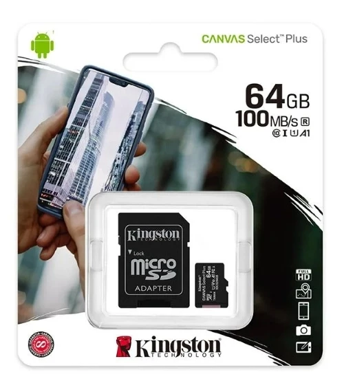 KİNGSTON 64GB Hafıza Kartı Micro SDHC Canvas Select Plus 100 Mb/S R A1 C10 Card+Adapter