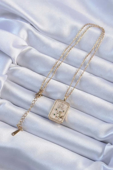 316L Çelik Zincir Altın Renk Zirkon Taşlı Aslan Figürlü Tarot Kolye - Resim 2