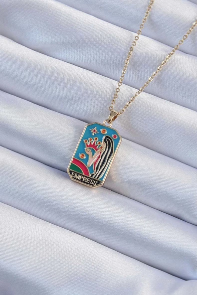 316L Çelik Zincir Altın Renk Taç ve Kız Figürlü Renkli Mineli Tarot Kolye ürün görseli 1