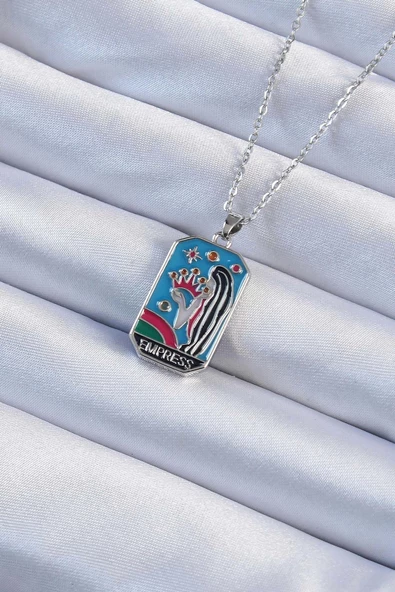 316L Çelik Zincir Gümüş Renk Taç ve Kız Figürlü Renkli Mineli Tarot Kolye ürün görseli 1