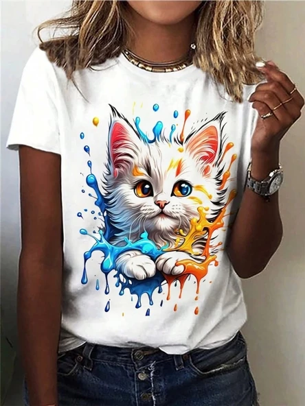 Kadın Kedi Baskılı Bisiklet Yaka Süprem T-shirt