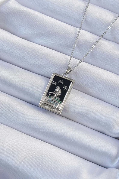 316L Çelik Zincir Gümüş Renk Zirkon Taşlı Siyah Mineli Kız Figürlü Tarot Kolye ürün görseli 1