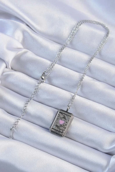 316L Çelik Zincir Eskitme Gümüş Renk Pembe Mineli Kalp Figürlü Tarot Kolye - 2