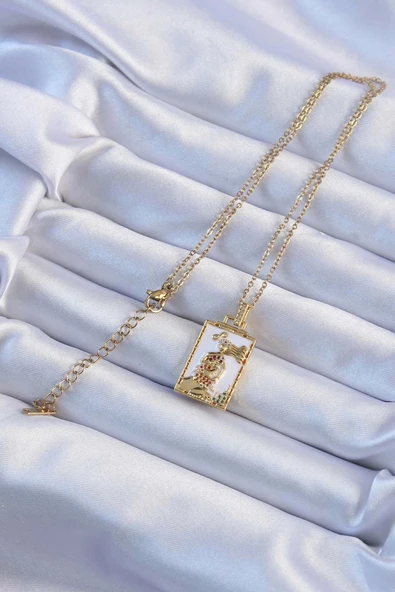 316L Çelik Zincir Altın Renk Beyaz Mineli Tarot Kolye - Resim 2