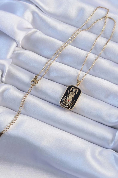 316L Çelik Zincir Altın Renk Siyah Mineli Tarot Kolye - Resim 2