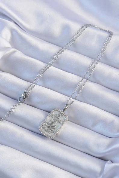 316L Çelik Zincir Gümüş Renk Zirkon Taşlı Çerçeveli Tarot Kolye - Resim 2