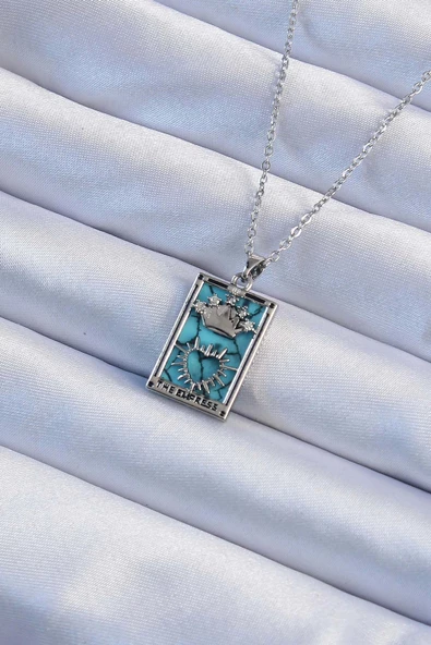 316L Çelik Zincir Gümüş Renk Zirkon Taşlı Mavi Mermer Desenli Taç Model Tarot Kolye ürün görseli 1