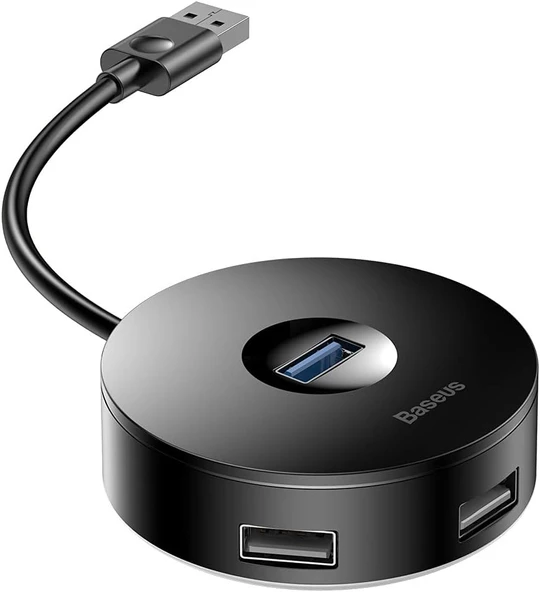 Baseus Round Box 3 in 1, Çok Fonksiyonlu Bilgisayar/Telefon Hub Adaptörü, Siyah, Kablo Uzunluğu: 12 cm, Bağlantı Sayısı: 3, Bağlantı: USB Type A 3.0'dan - USB Type A 3.0 & USB Type A 2.0