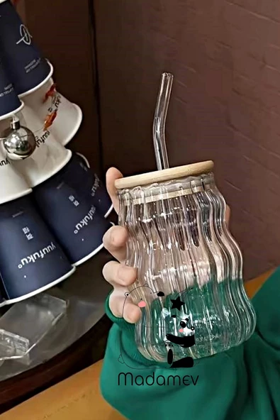2li Sukabağı Latte Bardak Bambu Kapaklı İskandinav Cam Bardak Kahve Kokteyl Sunum Bardağı 400ml - 3
