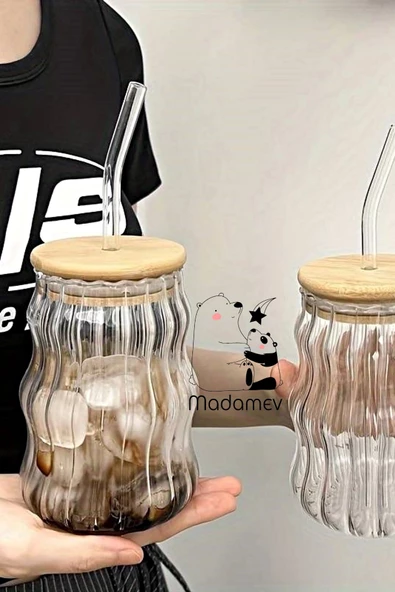 2li Sukabağı Latte Bardak Bambu Kapaklı İskandinav Cam Bardak Kahve Kokteyl Sunum Bardağı 400ml - 4