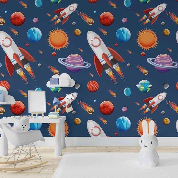 Uzay Desenli Duvar Kağıdı Baskı - Resim 2