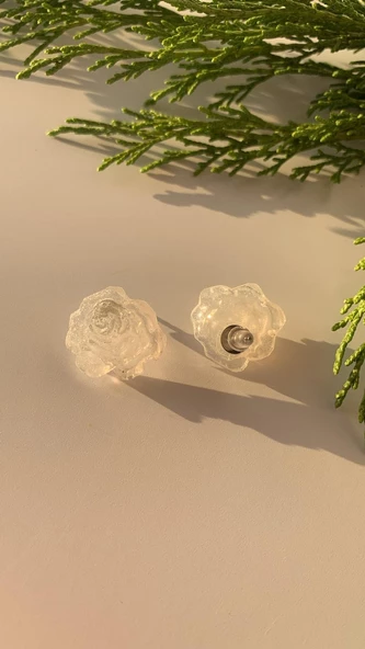 Rakı Beyazı Renkli Gül Rose Şekil Gümüş Aksesuarlı Epoksi Küpe El Yapımı Hediyelik - 5