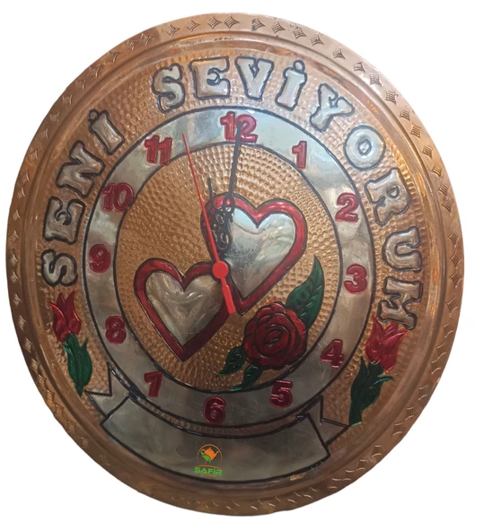 Bakır Duvar Saati Kişiye özel Seni Seviyorum Yazılı ikiz Kalpli Bakır Duvar Saati Özel El İşlemesi Bakır Duvar Saati Safir Çay Kazanları - 3
