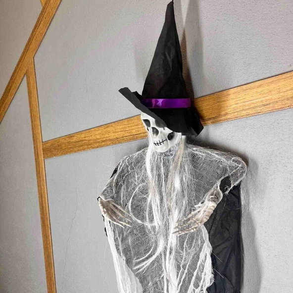 Halloween İskelet Korkuluk Şapkalı Saçlı 100 Cm Siyah