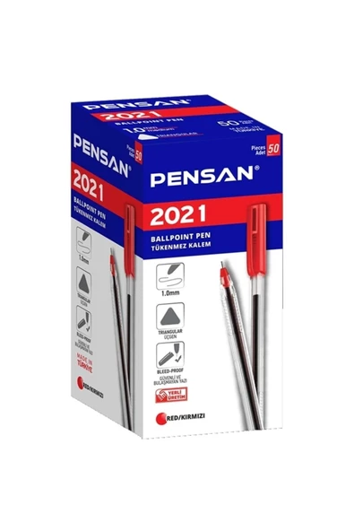 Tükenmez Kalem Üçgen Gövdeli Şeffaf Kırmızı 50 Li 2021 - 50'li Paket