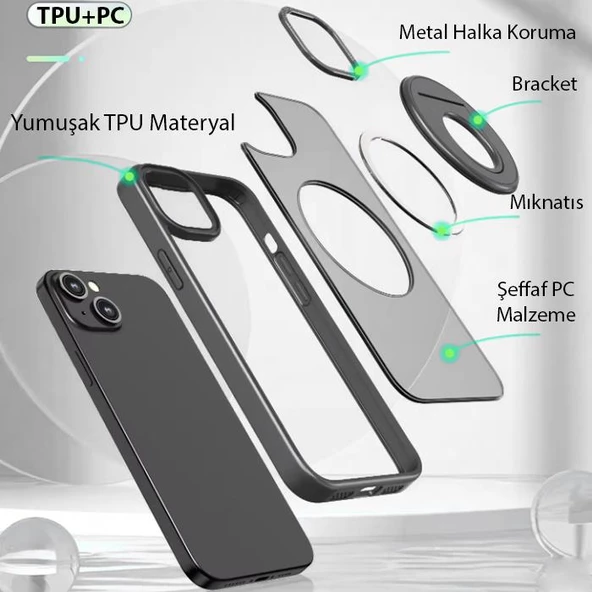 Zhltools iPhone 14 Plus İçin Magsafe Uyumlu Yüzük Standlı Manyetik Silikon Kılıf - Resim 6