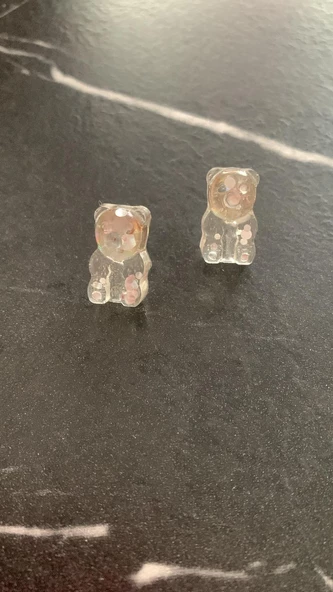 Şeffaf Epoksi İçinde Gümüş Glitter Süslü Gümüş Aksesuarlı Ayıcık Şekil Küpe El Yapımı - Resim 4