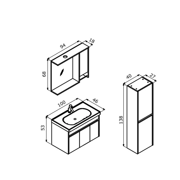 Orka Aydos 100 cm Retro Gümüş/Beyaz Banyo Dolabı Takımı ve Boy Dolabı - Resim 3
