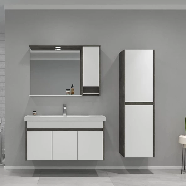 Orka Aydos 100 cm Retro Gümüş/Beyaz Banyo Dolabı Takımı ve Boy Dolabı