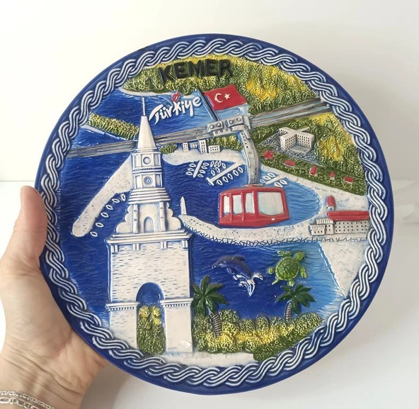 Seramik Biblo Tabak Kule Bayrak Kaplumbağa Palmiye Ağaç Deniz Tatil Duvar Masa Süsü 24 cm - 2