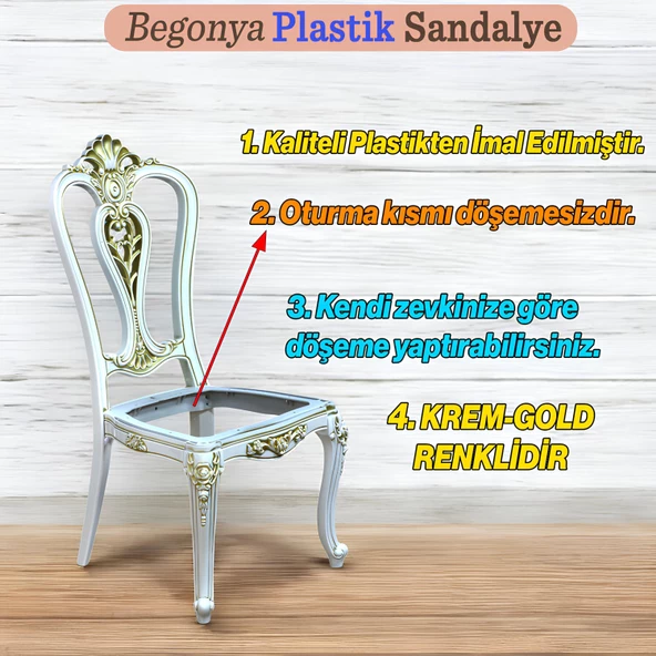 Begonya Sandalye Sert Plastik Krem Altın Gold Koltuk Bahçe Balkon Mutfak Yemek Masası Sandalyesi - 3
