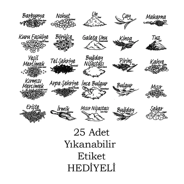 Porsima 1174 12'li Etiketli Renkli Kapaklı Gıda Kavanoz Saklama Kabı Seti Erzak Kabı Organizer Siyah-Beyaz - 4