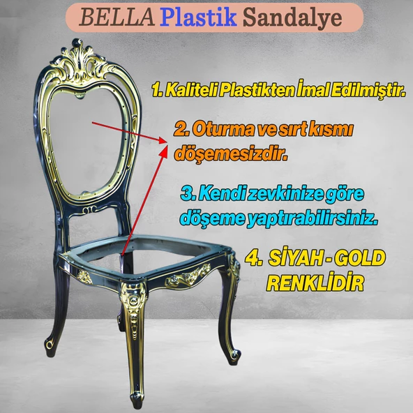 Bella Sandalye Sert Plastik Siyah Gold Koltuk Bahçe Balkon Mutfak Yemek Masası Sandalyesi - 3