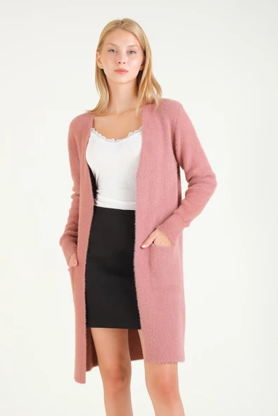 Kadın Çift Cep Tüylü Uzun Hırka Gül - 2