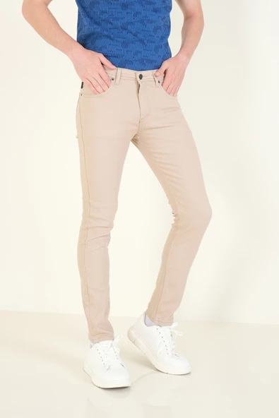 Erkek 5 Cep Slim Fit Kot Pantolon Bej - 5
