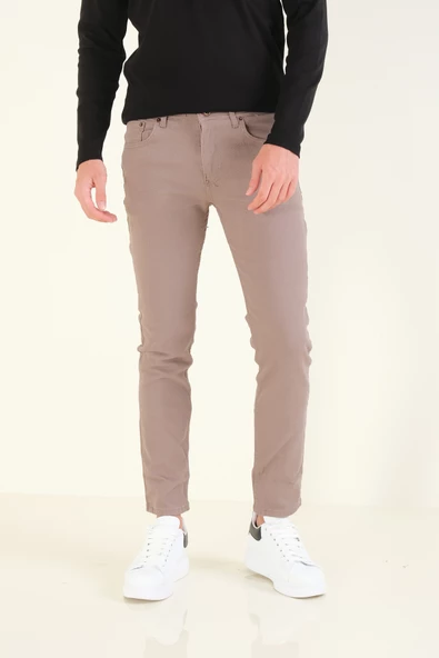 Erkek 5 Cep Slim Fit Kot Pantolon Vizon - 5