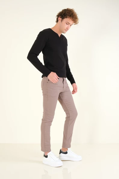 Erkek 5 Cep Slim Fit Kot Pantolon Vizon - 2