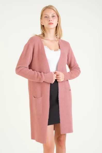 Kadın Çift Cep Tüylü Uzun Hırka Gül