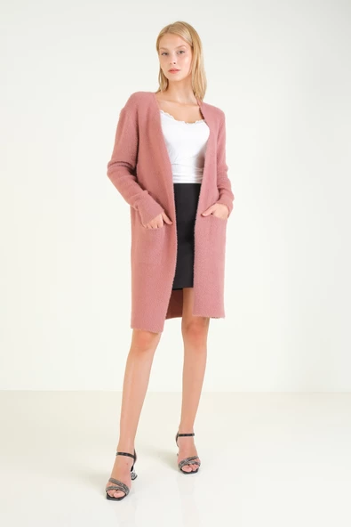 Kadın Çift Cep Tüylü Uzun Hırka Gül - 3