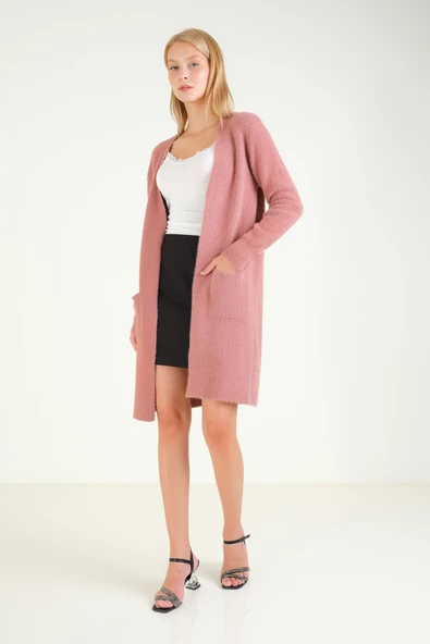 Kadın Çift Cep Tüylü Uzun Hırka Gül - 4