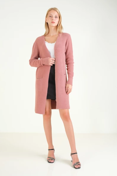 Kadın Çift Cep Tüylü Uzun Hırka Gül - 5