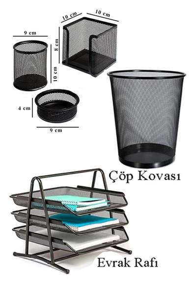 Masa Üstü Ofis Paketi 13 Parça Fotokopi Kağıdı Metal Evrak Rafı Metal Kalemlik Zımba Makinesi Teli Delegeç Çöp Kovası Küp Notluk - 4