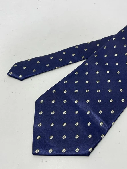 El Yapımı Desenli Lacivert İpek Kravat K24 - 3