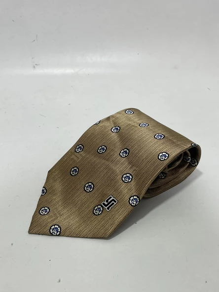 El Yapımı Desenli Kahverengi İpek Kravat K10 - 2