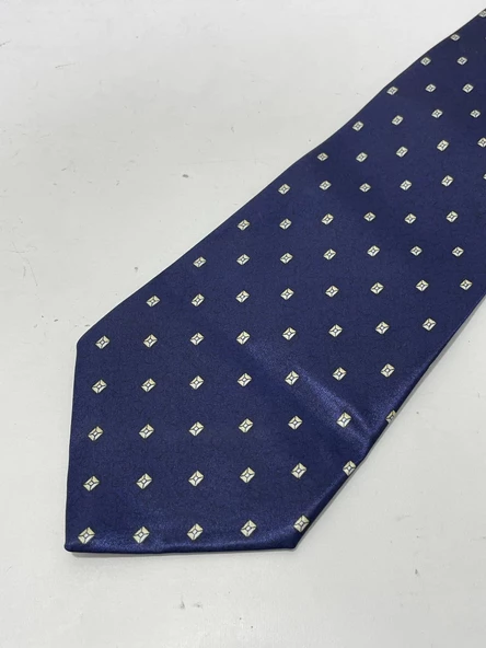 El Yapımı Desenli Lacivert İpek Kravat K24 - 6