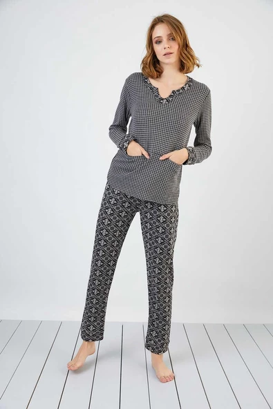 Sevim 13174 Kadın V Yaka Cepli Jakar Pijama Takım - 3