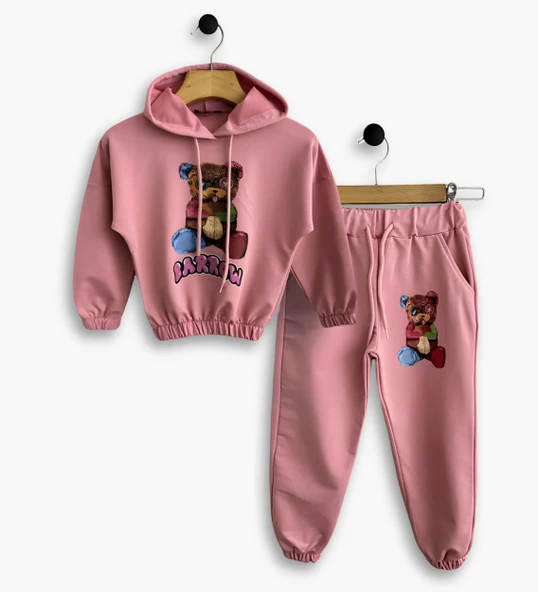 Triliya Kız Çocuk Kapşonlu Mevsimlik Likralı Eşofman Takımı 4-12 Yaş - 3