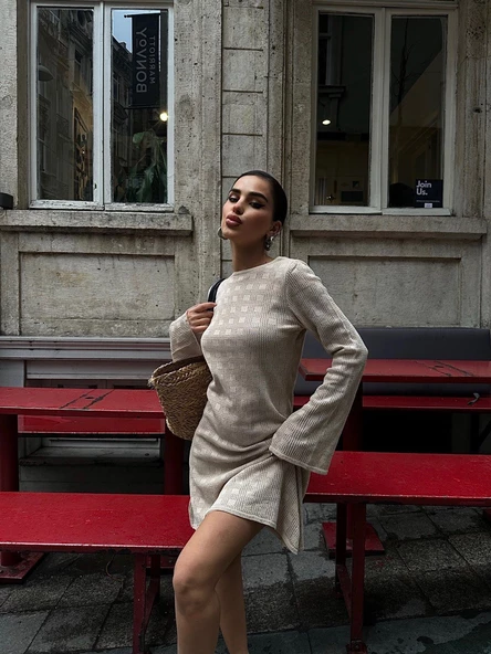 Camel Sırt Dekolteli Triko Mini Elbise - 3