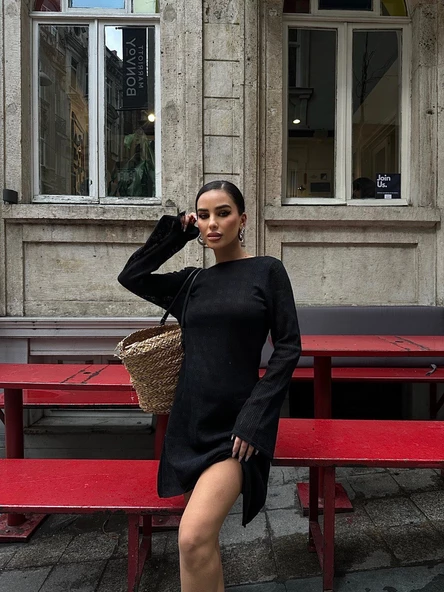 Siyah Sırt Dekolteli Triko Mini Elbise - 4