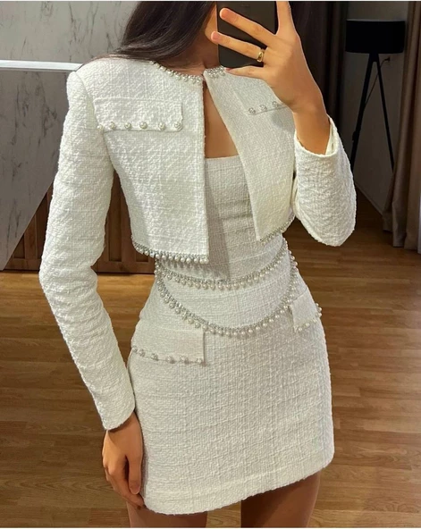 Krem Rengi İncili Askılı Elbise Ceket Takım - 3