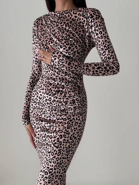 Kadife Leopar Desenli Uzun Elbise - 3